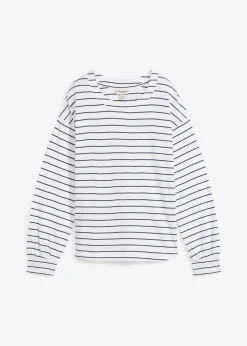 bonprix bonprix Camisetas>Camiseta de algodón orgánico puro con manga larga Blanco-azul marino con rayas