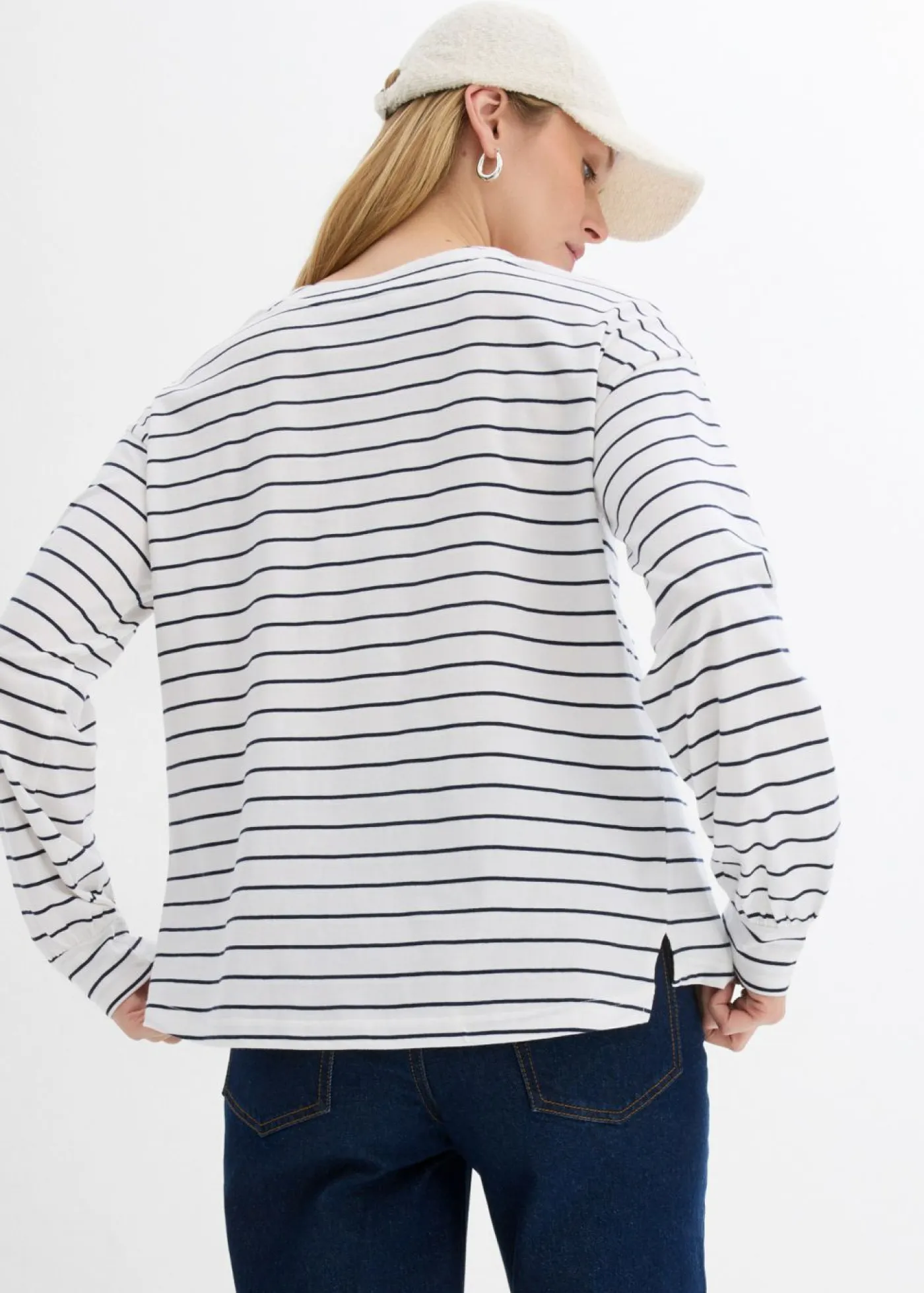 bonprix bonprix Camisetas>Camiseta de algodón orgánico puro con manga larga Blanco-azul marino con rayas