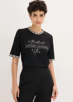 bonprix bonprix Camisetas>Camiseta de algodón orgánico con cinta decorativa Negro