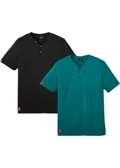 bonprix bonprix Básicos En Rebajas|Camisetas Y Polos>Camiseta de algodón orgánico puro con cuello henley (2 unidades) negro+azul petróleo