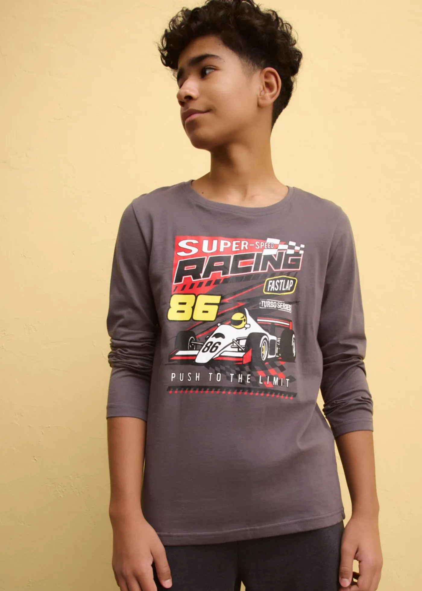 bonprix bonprix Ropa 9 A 16 Años·Camisetas>Camiseta de algodón orgánico puro con manga larga Pizarra estampado