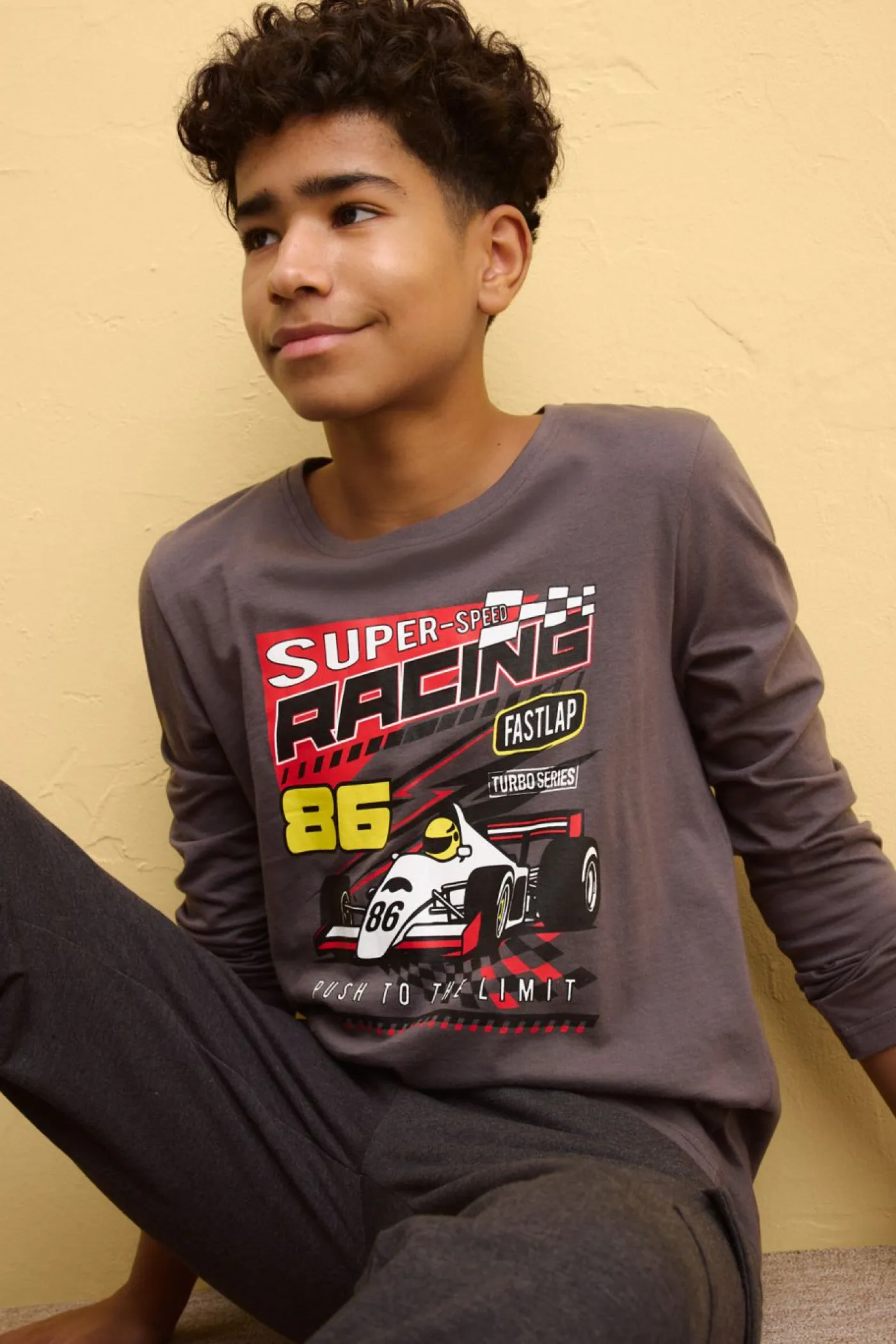 bonprix bonprix Ropa 9 A 16 Años·Camisetas>Camiseta de algodón orgánico puro con manga larga Pizarra estampado