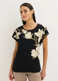 bonprix bonprix Camisetas>Camiseta de algodón orgánico con estampado de flores negro/arena claro/camel