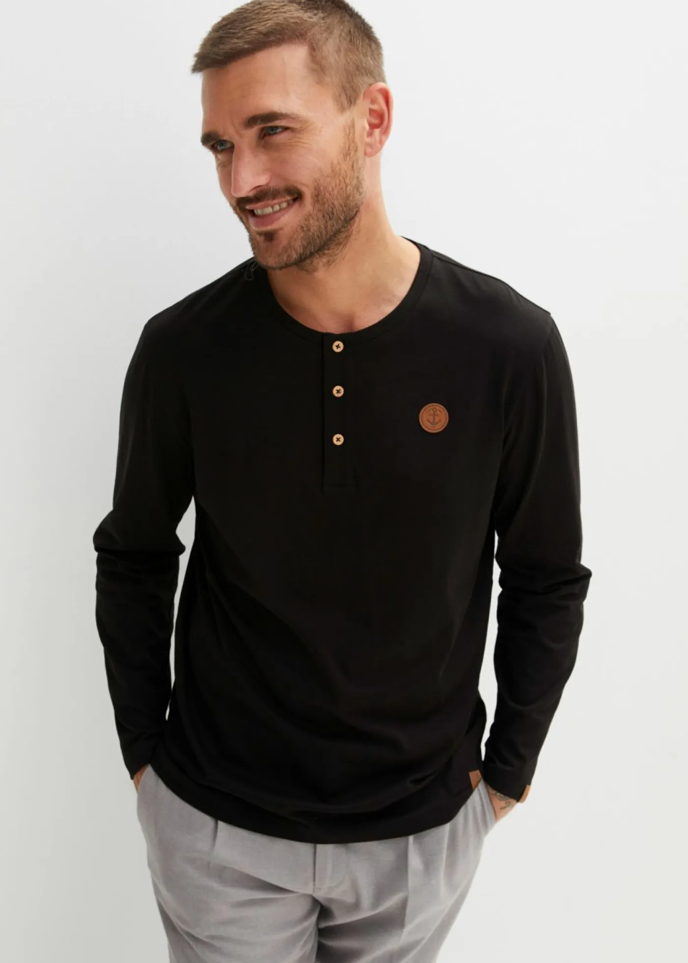 bonprix bonprix Camisetas Y Polos>Camiseta de algodón orgánico puro con manga larga y cuello henley (2 unidades) Negro+verde oliva