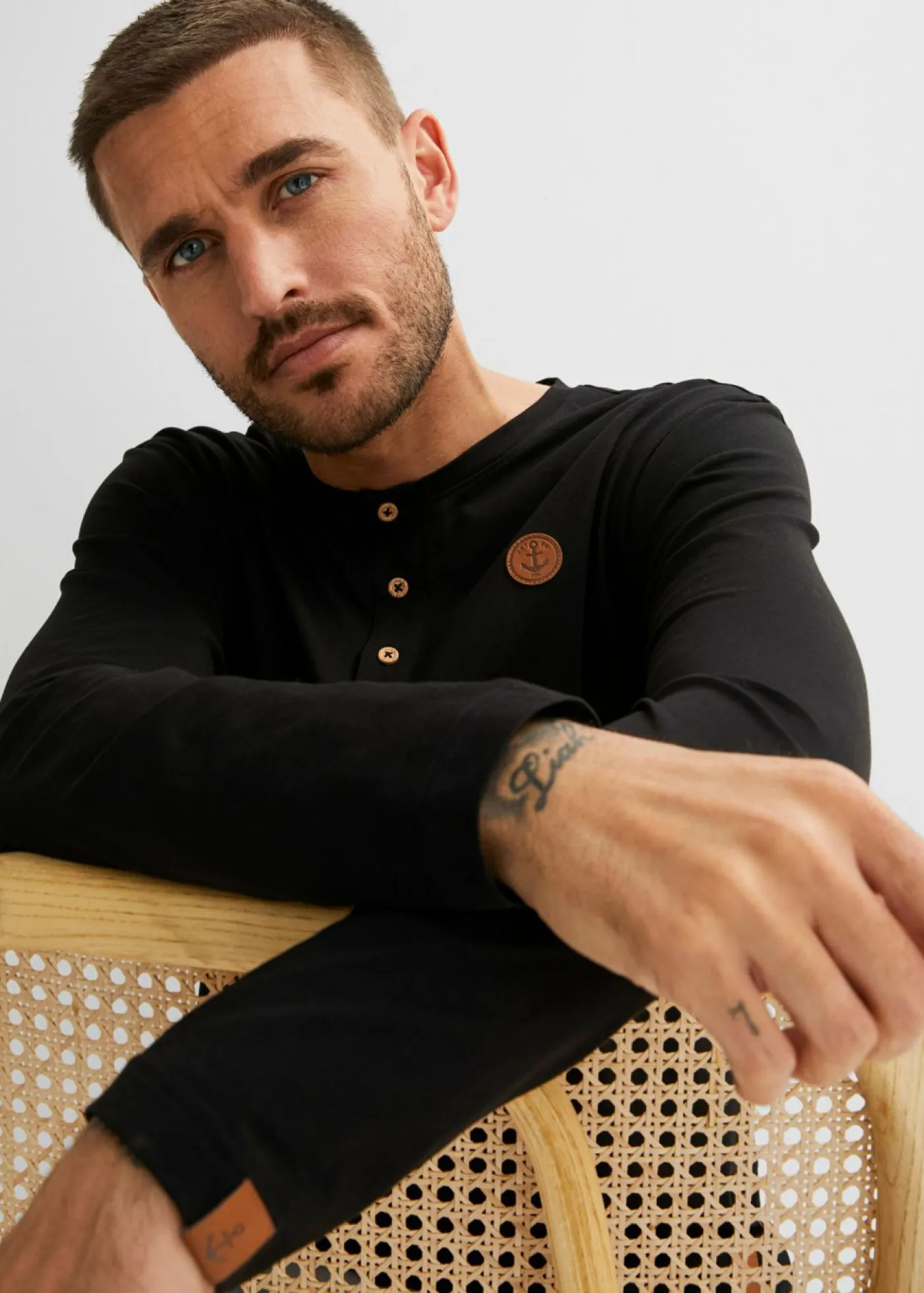 bonprix bonprix Camisetas Y Polos>Camiseta de algodón orgánico puro con manga larga y cuello henley (2 unidades) Negro+verde oliva