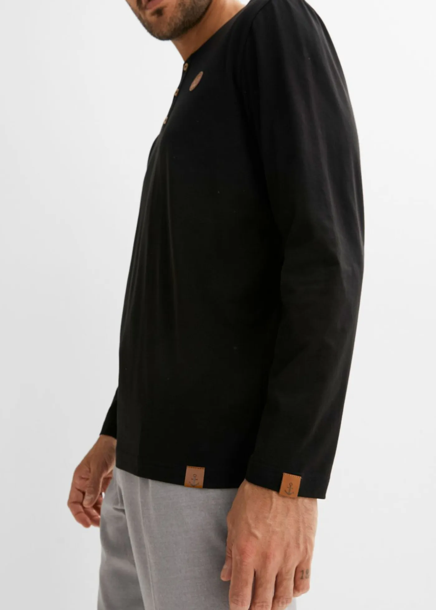 bonprix bonprix Camisetas Y Polos>Camiseta de algodón orgánico puro con manga larga y cuello henley (2 unidades) Negro+verde oliva