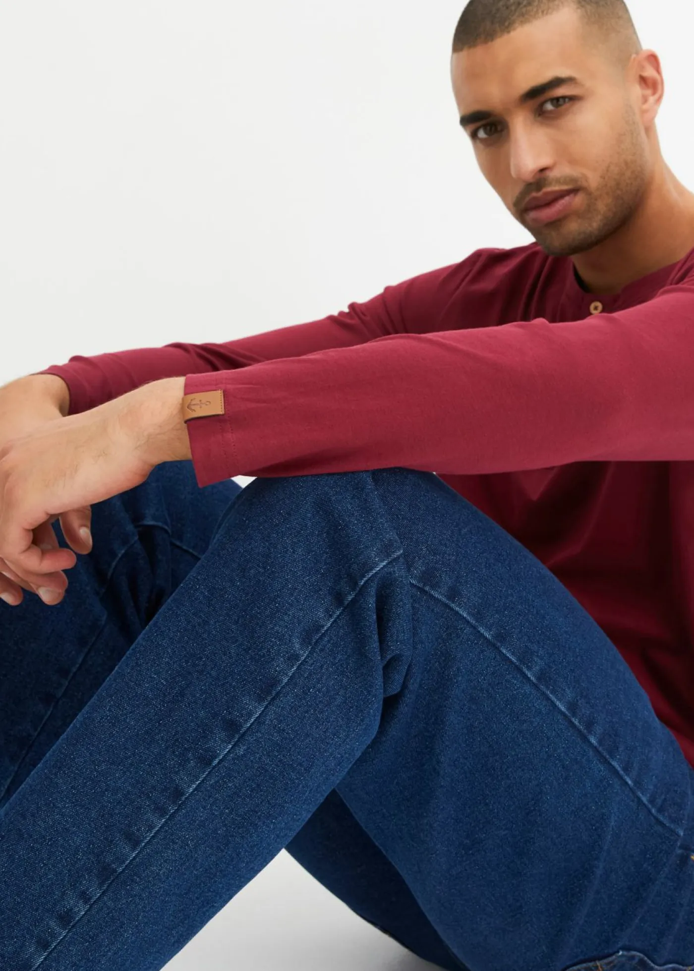 bonprix bonprix Camisetas Y Polos>Camiseta de algodón orgánico puro con manga larga y cuello henley (2 unidades) Azul almirante+rojo azalea