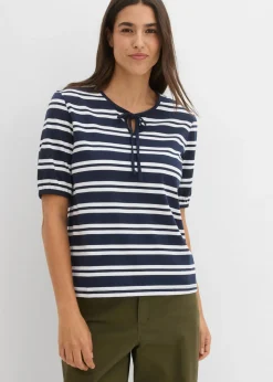 bonprix bonprix Camisetas|Novedades>Camiseta de algodón orgánico puro azul marino-blanco con rayas