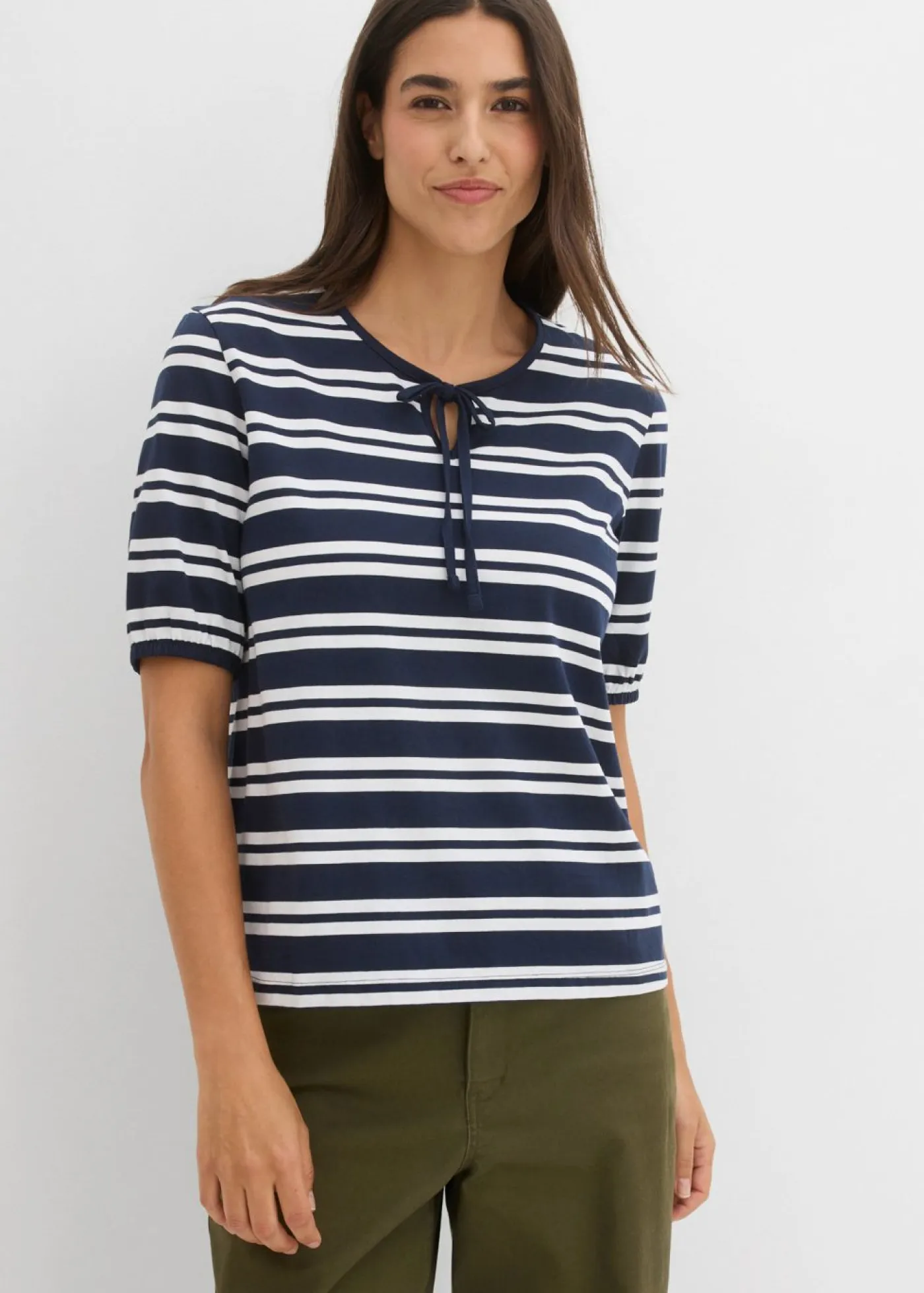 bonprix bonprix Camisetas|Novedades>Camiseta de algodón orgánico puro azul marino-blanco con rayas