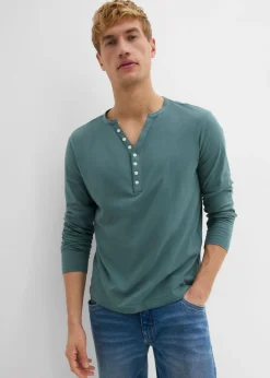 Hombre bonprix bonprix Camiseta de algodón orgánico puro con cuello henley, manga larga y corte entallado