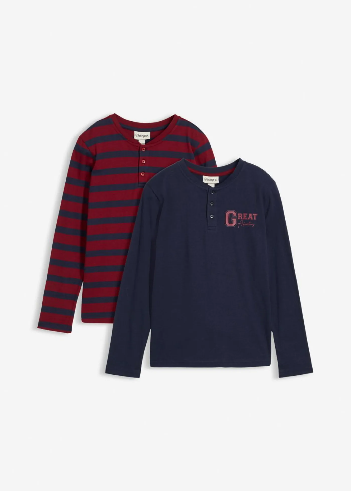 Niños bonprix bonprix Camiseta de algodón orgánico puro con cuello henley (2 unidades)