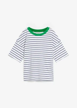 bonprix bonprix Camisetas|Novedades>Camiseta de algodón orgánico puro Blanco-azul almirante-verde hierba de rayas