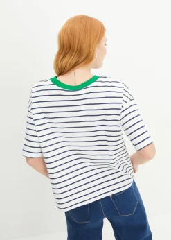 bonprix bonprix Camisetas|Novedades>Camiseta de algodón orgánico puro Blanco-azul almirante-verde hierba de rayas