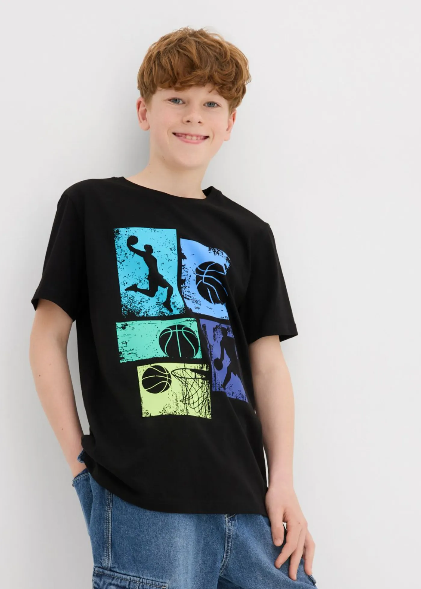 bonprix bonprix Ropa 9 A 16 Años·Camisetas>Camiseta de algodón orgánico negro-azul caribe-verde caribe-azul provenzal-verde kiwi-zafiro