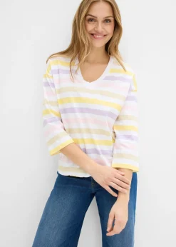 bonprix bonprix Camisetas>Camiseta de algodón orgánico con mangas 3/4 lila empolvado de rayas