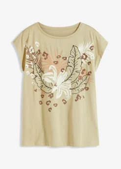 bonprix bonprix Camisetas>Camiseta de algodón orgánico puro Caqui ahumado/café con hielo estampado