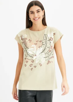 bonprix bonprix Camisetas>Camiseta de algodón orgánico puro Caqui ahumado/café con hielo estampado