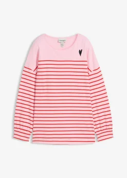 bonprix bonprix Camisetas>Camiseta de algodón orgánico puro con manga larga rosa cristal-fresa con rayas