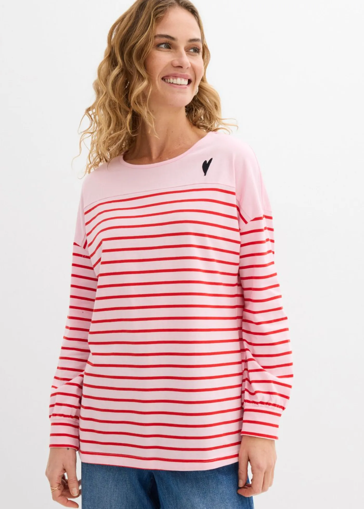 bonprix bonprix Camisetas>Camiseta de algodón orgánico puro con manga larga rosa cristal-fresa con rayas