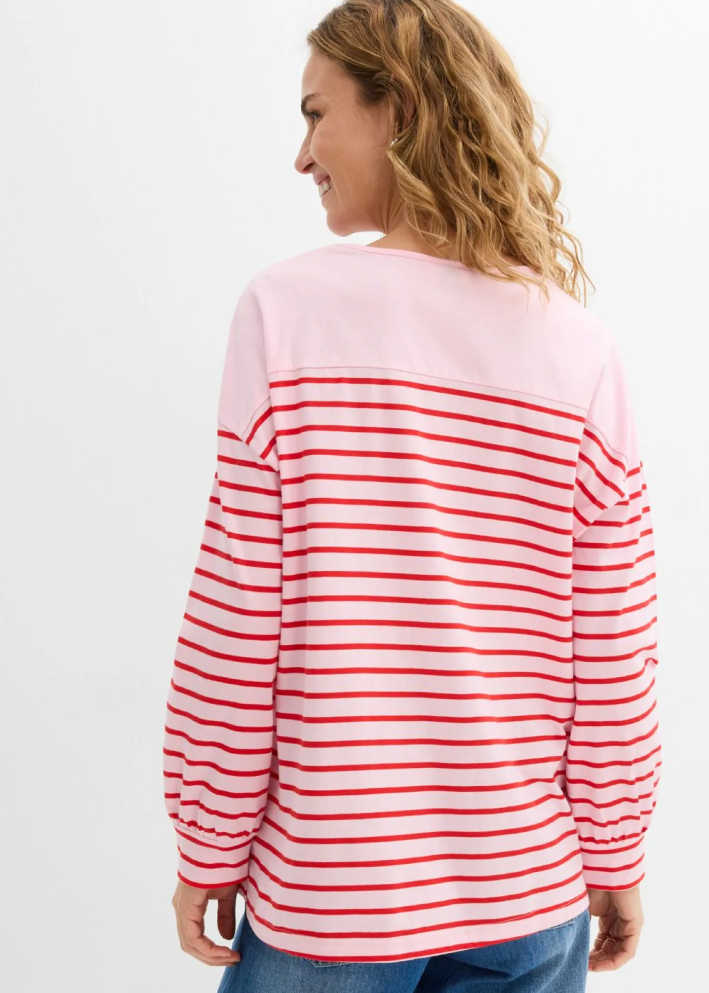 bonprix bonprix Camisetas>Camiseta de algodón orgánico puro con manga larga rosa cristal-fresa con rayas