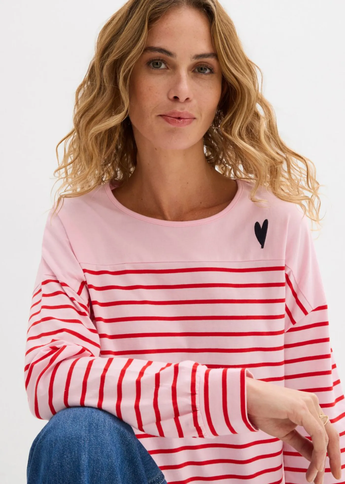 bonprix bonprix Camisetas>Camiseta de algodón orgánico puro con manga larga rosa cristal-fresa con rayas