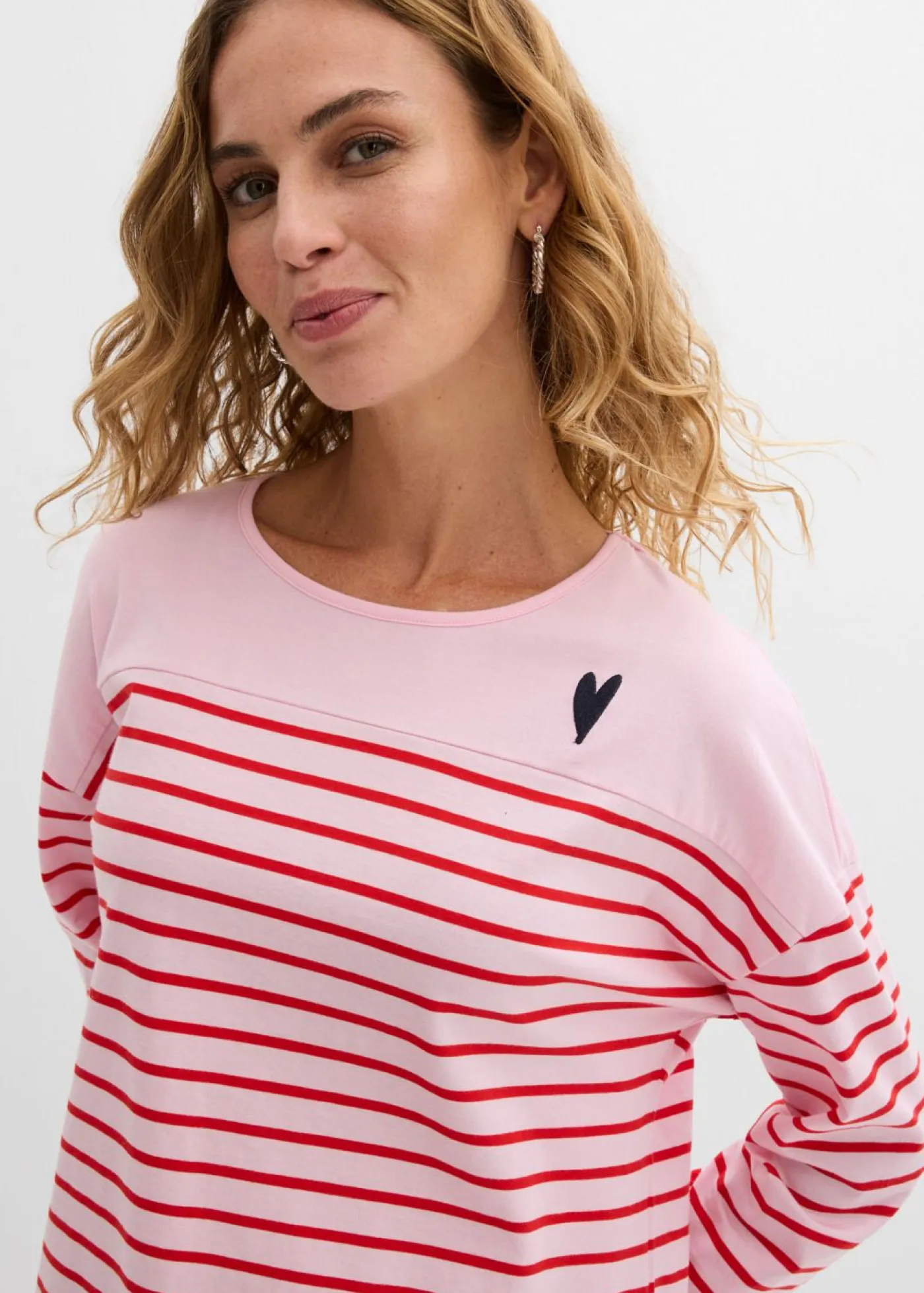 bonprix bonprix Camisetas>Camiseta de algodón orgánico puro con manga larga rosa cristal-fresa con rayas