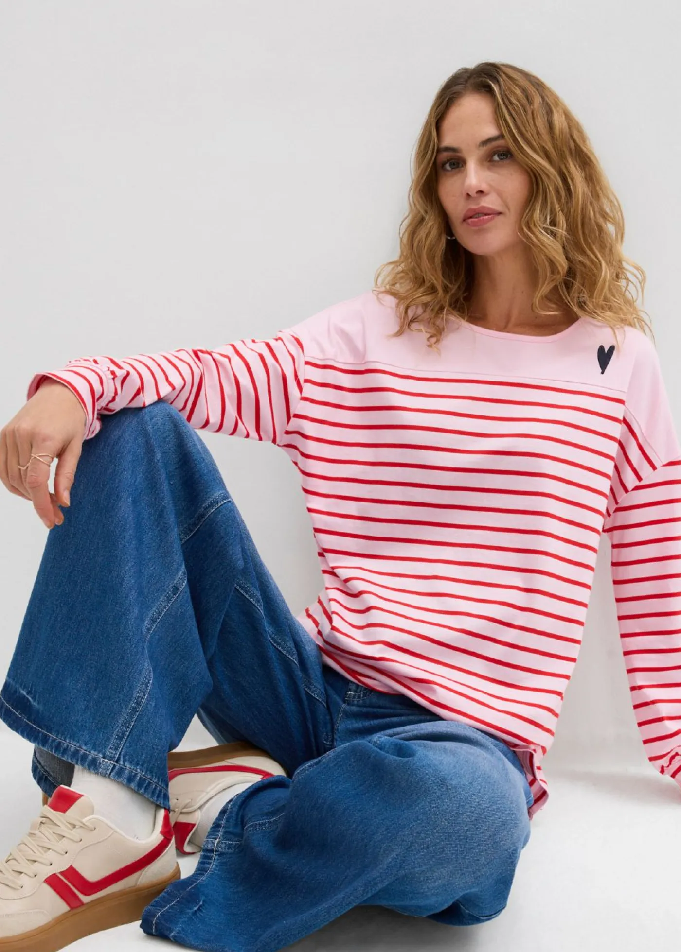 bonprix bonprix Camisetas>Camiseta de algodón orgánico puro con manga larga rosa cristal-fresa con rayas