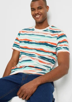 bonprix bonprix Camisetas Y Polos>Camiseta de algodón orgánico Blanco lana/marrón castaño/azul ártico/negro de rayas