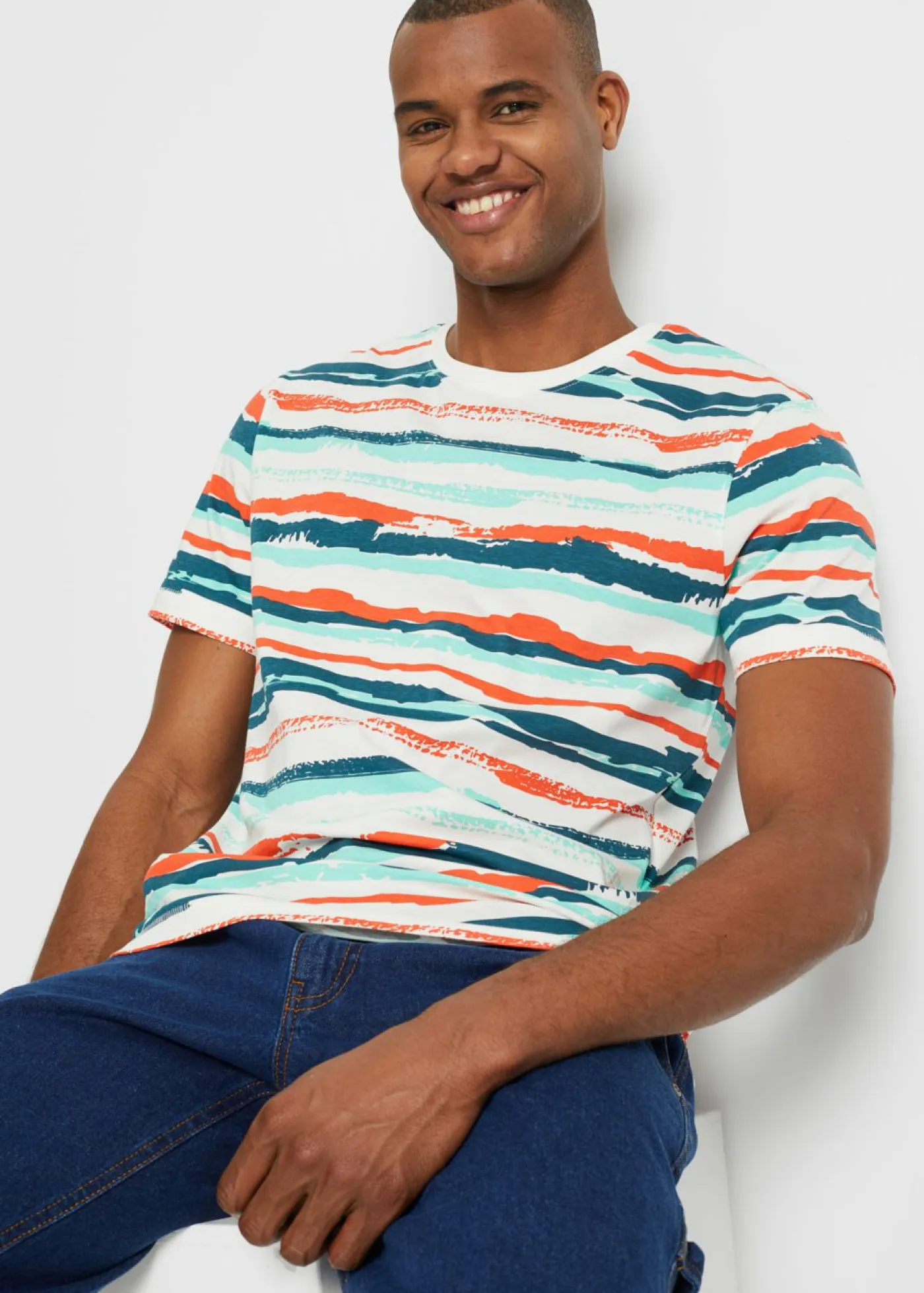 bonprix bonprix Camisetas Y Polos>Camiseta de algodón orgánico Blanco lana/marrón castaño/azul ártico/negro de rayas