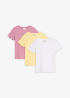 bonprix bonprix Ropa 9 A 16 Años·Camisetas Y Camisas|Ropa 9 A 16 Años·Packs De Ropa>Camiseta de algodón orgánico puro (3 unidades) Malva + amarillo claro + blanco