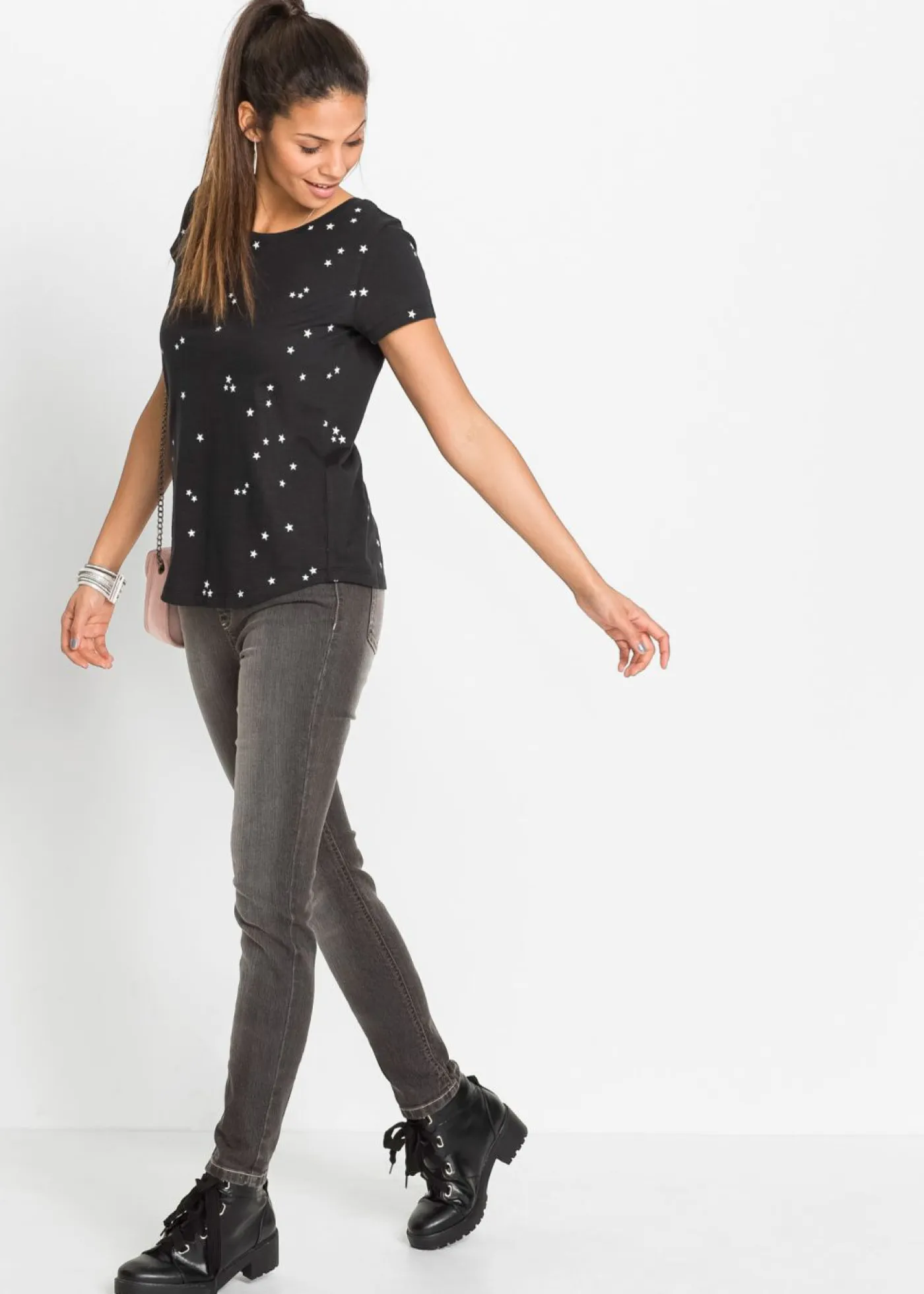 bonprix bonprix Camisetas>Camiseta de algodón puro Negro estampado