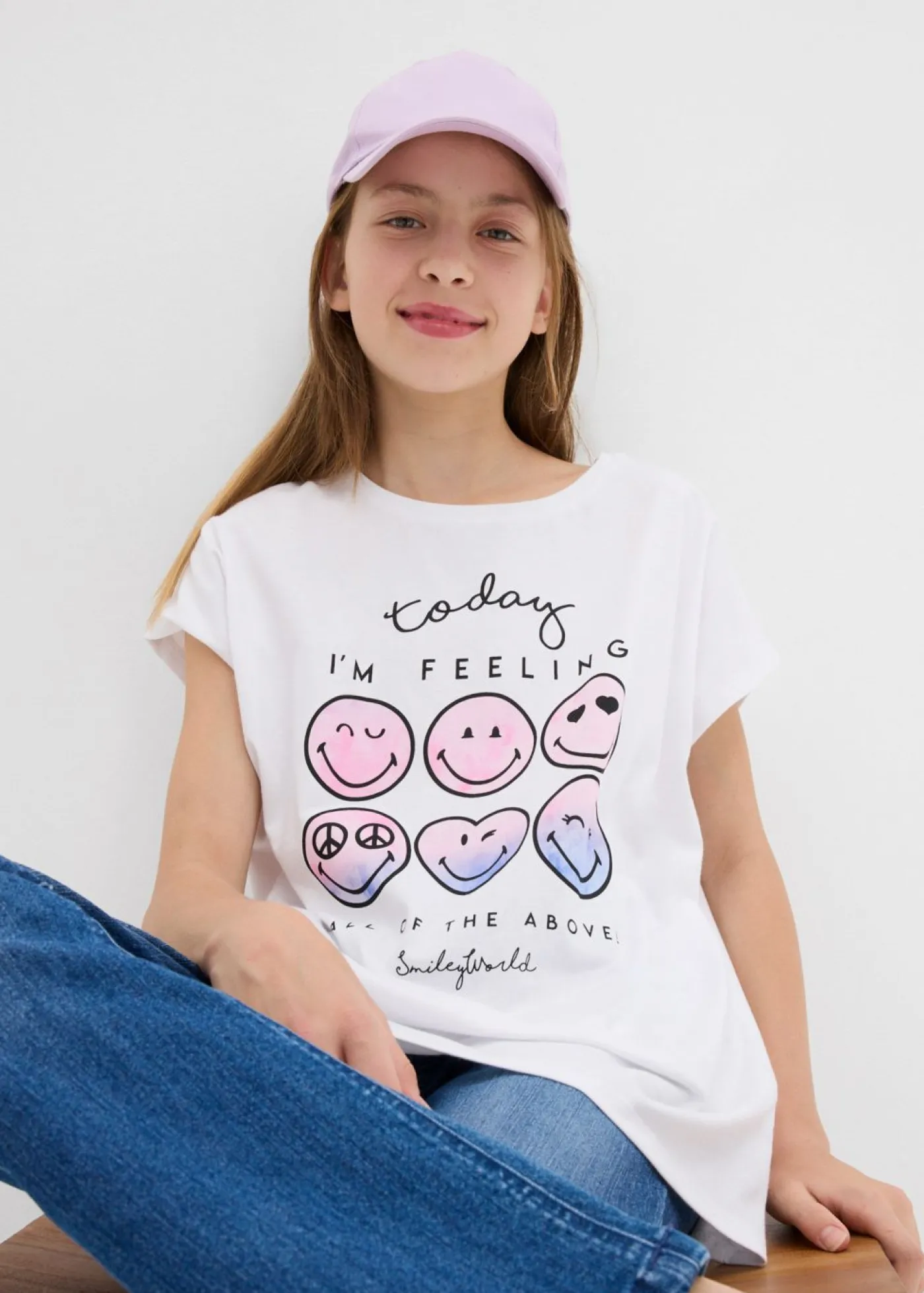 bonprix SmileyWorld Ropa 9 A 16 Años·Camisetas Y Camisas>Camiseta de algodón puro con smiley Blanco/rosa cristal estampado