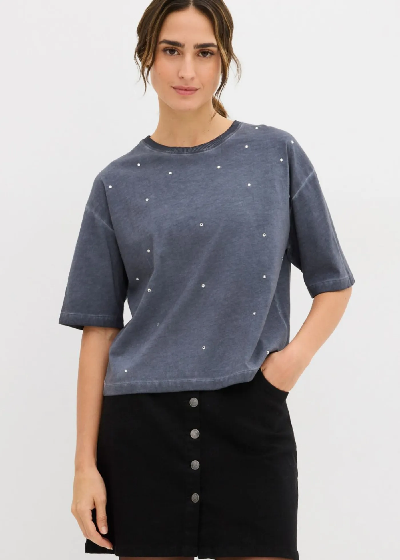 Mujer bonprix bonprix Camiseta de algodón puro con piedras brillantes
