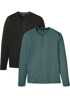 bonprix bonprix Básicos En Rebajas|Camisetas Y Polos>Camiseta de algodón puro con cuello henley (2 unidades) negro+verde grisáceo