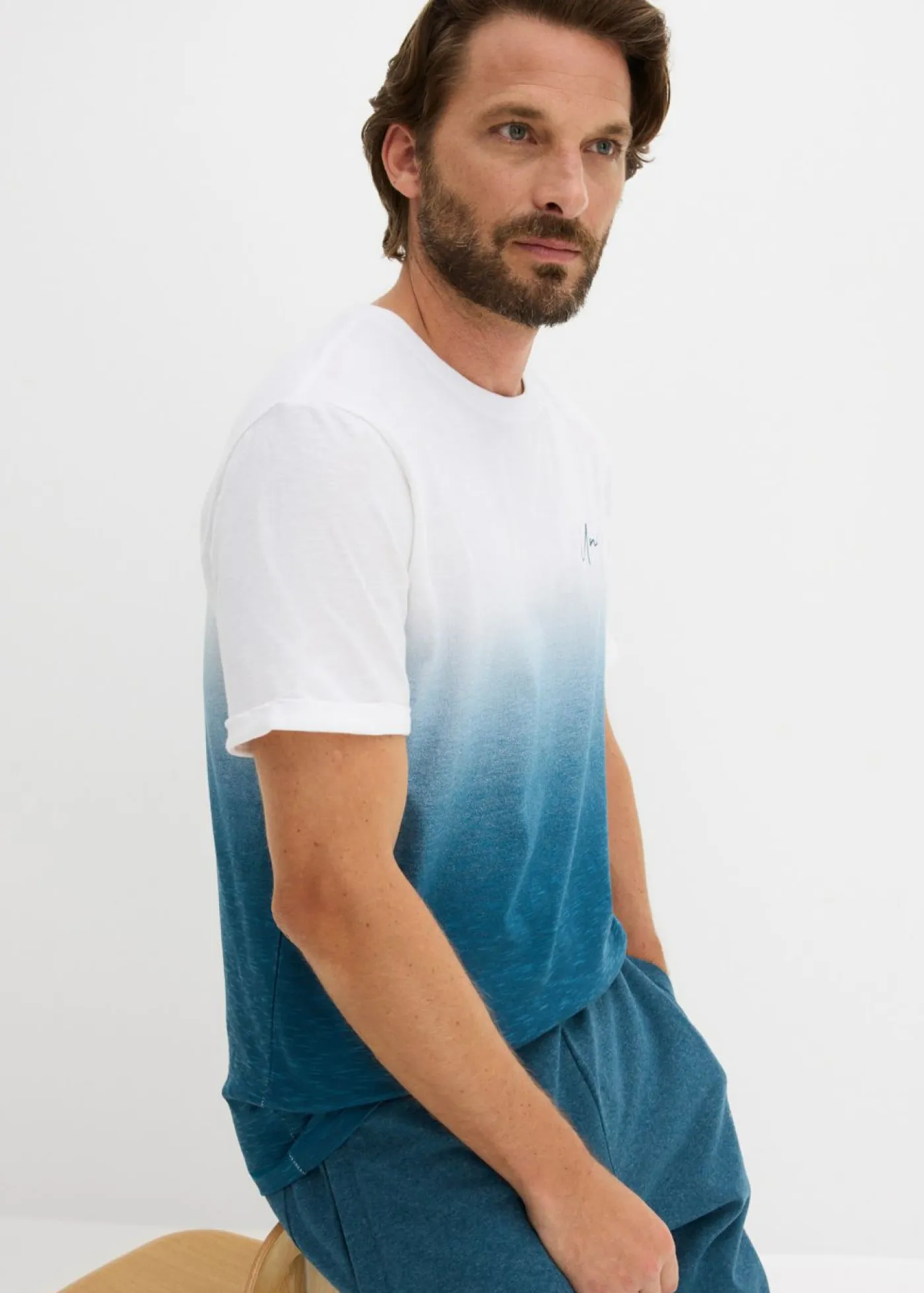 bonprix bonprix Camisetas Y Polos>Camiseta de algodón puro, slim fit azul petróleo-blanco