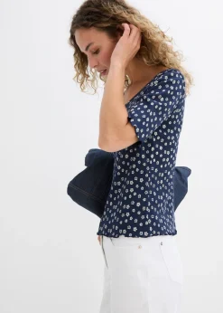 Mujer bonprix bonprix Camiseta de canalé con estampado de flores y manga corta