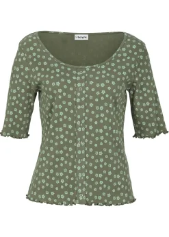Mujer bonprix bonprix Camiseta de canalé con estampado de flores y manga corta