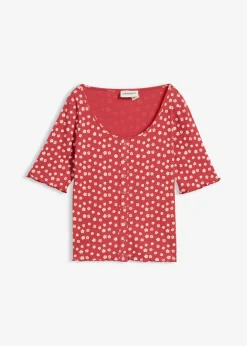 bonprix bonprix Camisetas|Novedades>Camiseta de canalé con estampado de flores y manga corta Cereza-blanco lana de flores