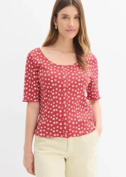 bonprix bonprix Camisetas|Novedades>Camiseta de canalé con estampado de flores y manga corta Cereza-blanco lana de flores