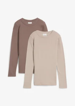 bonprix bonprix Básicos|Camisetas>Camiseta de canalé de algodón orgánico puro (2 unidades) arena claro-marrón medio