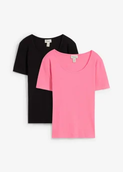 bonprix bonprix Básicos|Camisetas>Camiseta de canalé de algodón orgánico puro (2 unidades) Negro-rosa flamenco