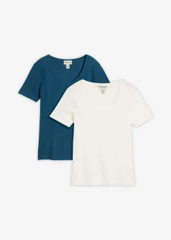 bonprix bonprix Básicos|Camisetas>Camiseta de canalé de algodón orgánico puro (2 unidades) Azul petróleo-blanco lana