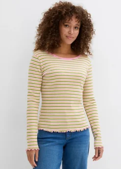 bonprix bonprix Camisetas>Camiseta de canalé de algodón orgánico Blanco lana/musgo/amarillo claro/orquídea ahumado de rayas