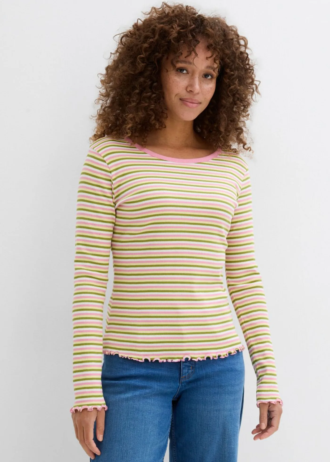 bonprix bonprix Camisetas>Camiseta de canalé de algodón orgánico Blanco lana/musgo/amarillo claro/orquídea ahumado de rayas