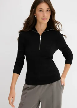 bonprix bonprix Camisetas>Camiseta de canalé de mezcla de viscosa suave Negro