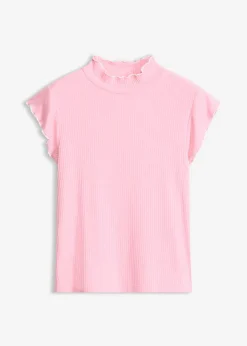 bonprix bonprix Camisetas|Novedades>Camiseta de canalé de mezcla de viscosa Rosa-blanco lana