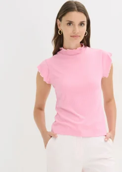 bonprix bonprix Camisetas|Novedades>Camiseta de canalé de mezcla de viscosa Rosa-blanco lana