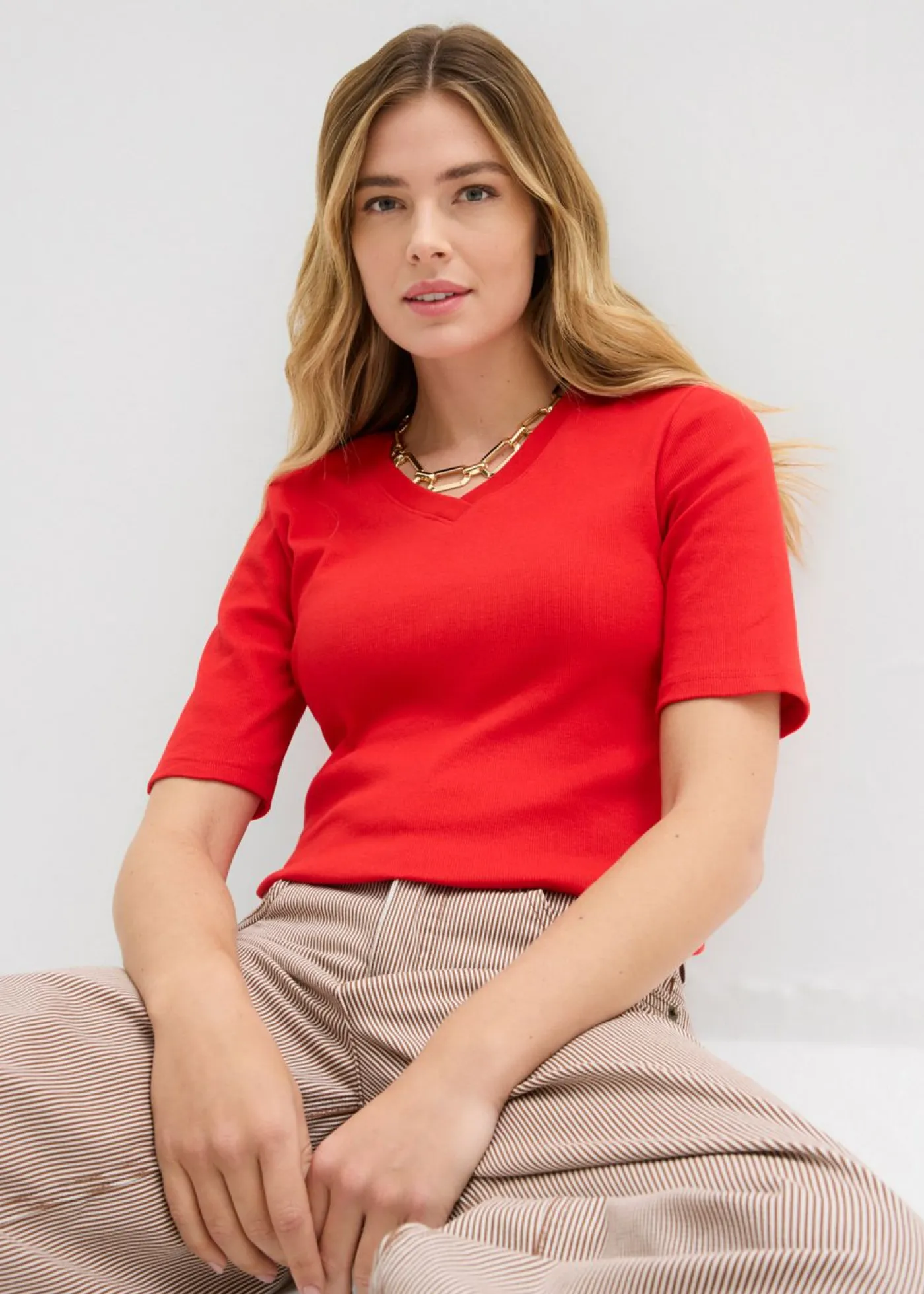 bonprix bonprix Básicos|Camisetas>Camiseta de canalé (2 unidades) Blanco lana-fresa