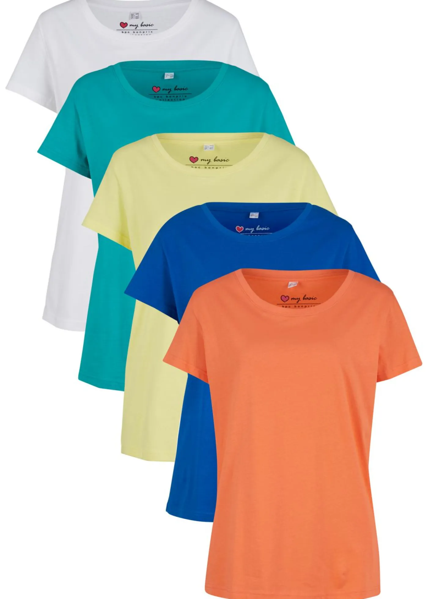 bonprix bonprix Básicos|Camisetas>Camiseta de cuello redondo y manga corta (5 unidades) Salmón/azur/amarillo limón claro/esmeralda/blanco