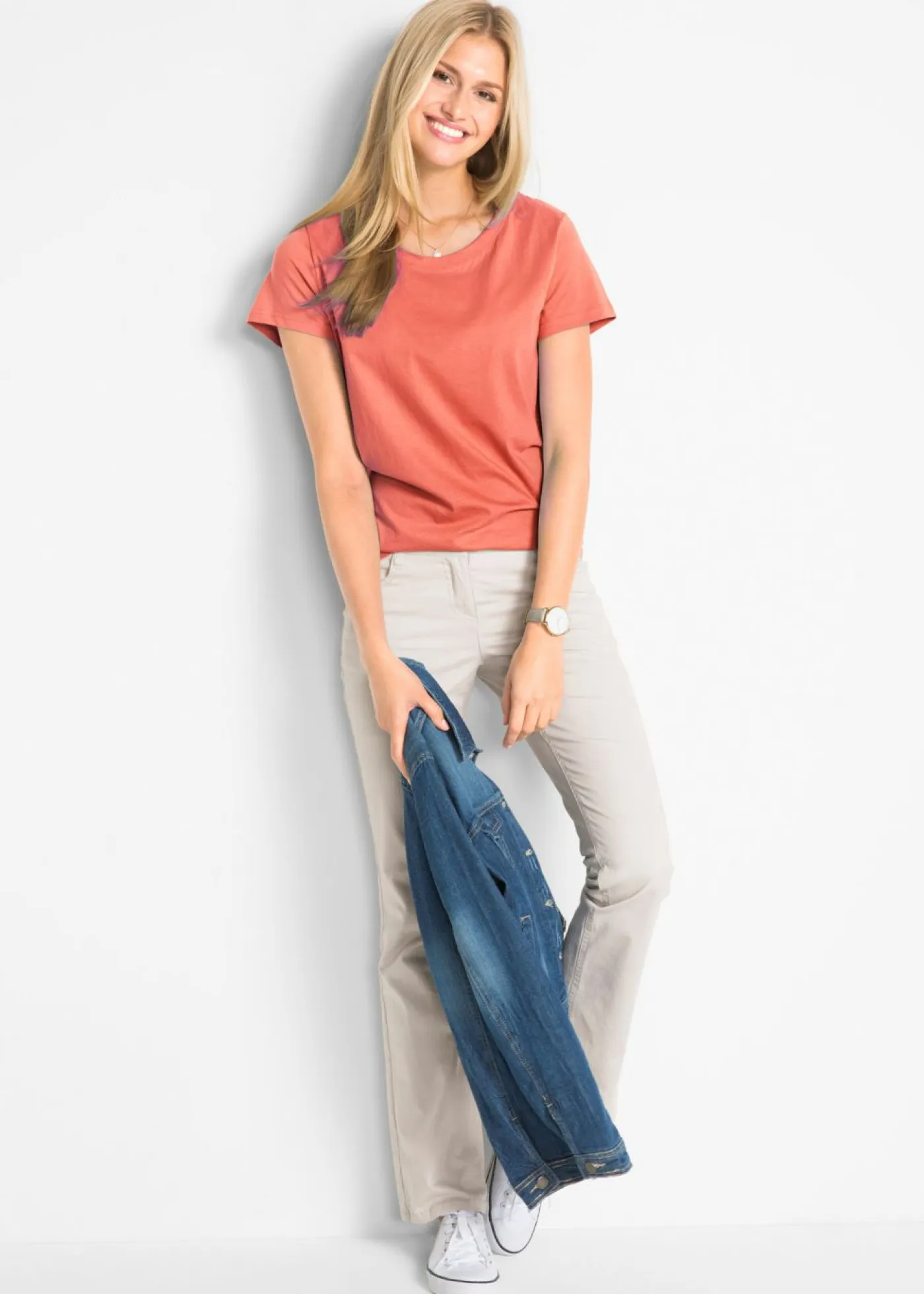 bonprix bonprix Básicos|Camisetas>Camiseta de cuello redondo y manga corta (5 unidades) Salmón/azur/amarillo limón claro/esmeralda/blanco